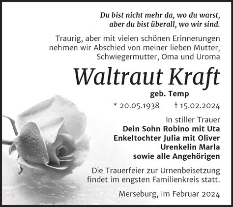 Traueranzeigen Von Waltraut Kraft Abschied Nehmen De