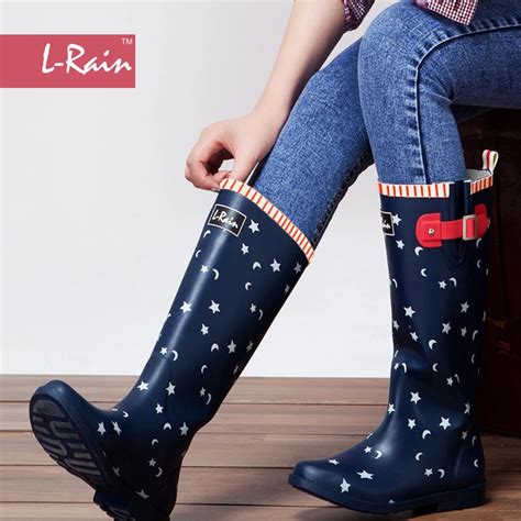 New L Rain Star Pattern Women Knee High Rain Boots Girl Rubber Boots Females Rainboots