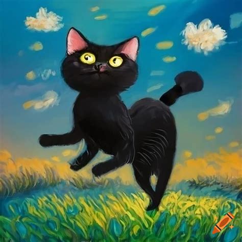 Smart Black Cat Running Through Grain Fields In Monet Style Cartoon Art