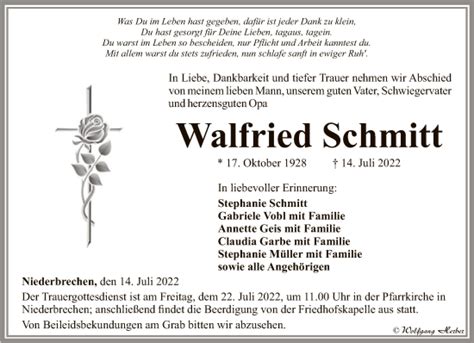 Traueranzeigen Von Walfried Schmitt Trauer Rheinmain De