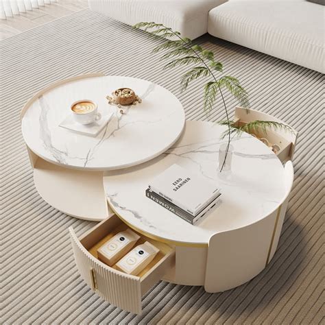 Round Modern Sintered Stone Top Nesting Coffee Table Fluted With Drawer