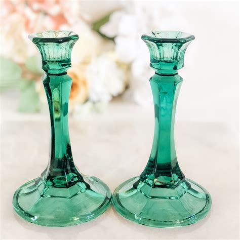 Vintage Green Glass Candle Holders Birthday T Indiana Etsy Vintage Green Glass Glass