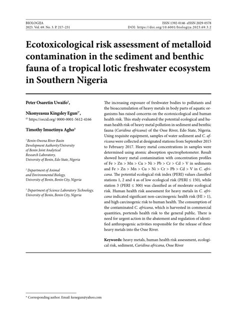 Pdf Ecotoxicological Risk Assessment Of Metalloid Contamination In The Sediment And Benthic