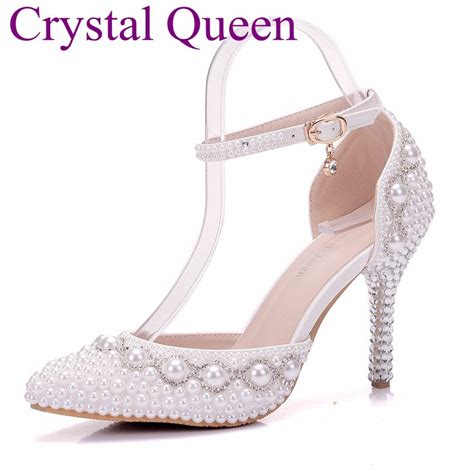 Crystal Queen Wedding Heels White Pearls Rhinestone Wedding Shoes High