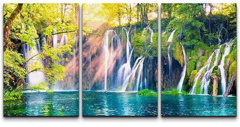 Wall Canvas Print Wall Art Set Vibrant Lake Forest Waterfall Rapids