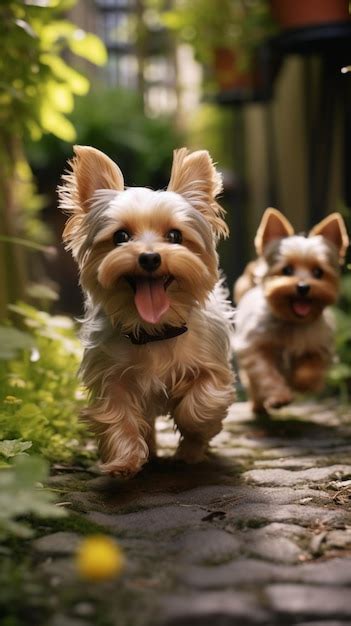 Yorkshire Terriers Corriendo Y Jugando En Un Lindo Jard N Verde Fondo