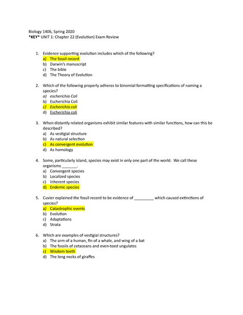 KEY Biology 1406 Ch 22 Exam Review MC Biology 1406 Spring 2020 KEY