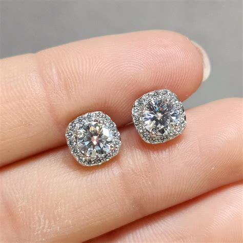 Moissanite Halo Earring Stud Moissanite Square Stud Etsy