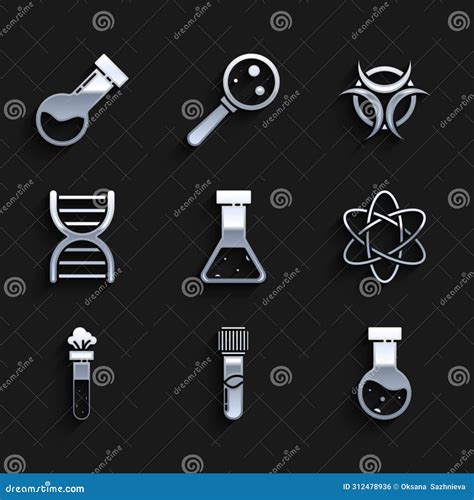 Set Test Tube And Flask Chemical Atom Dna Symbol Biohazard And Icon