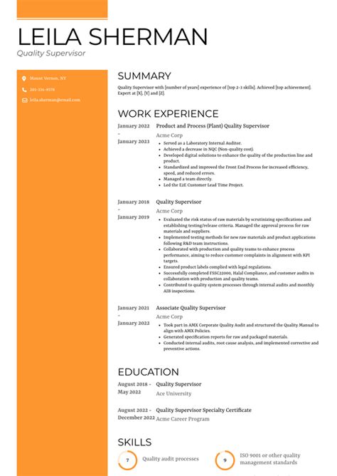 Quality Supervisor Resume Examples And Templates