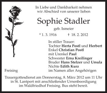 Traueranzeigen Von Sophie Stadler Trauer Merkur De