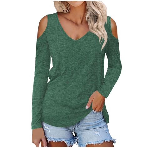 Deholifer Womens Tops Cold Shoulder Long Sleeve V Neck Solid Color