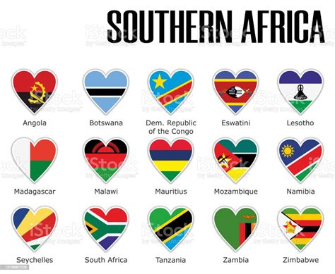 Set Flags Southern Africa In Heart With Shadow And White Outline With