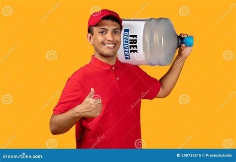 Courier Holding Big Water Bottle On Shoulder Gesturing Like Studio