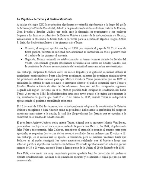 La República De Texas Y El Destino Manifiesto Pdf Texas Los