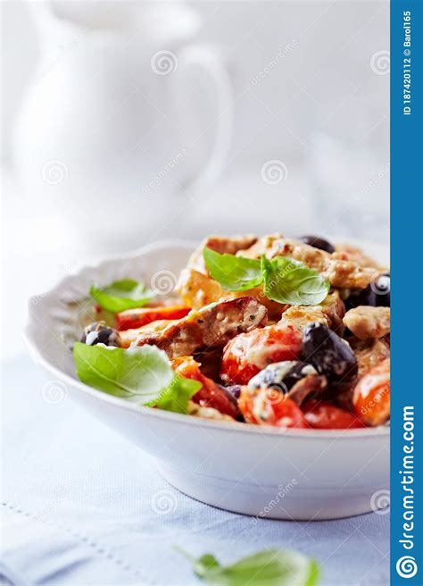 Penne Pasta Baked With Pork Tenderloin Cherry Tomatoes Black Olives