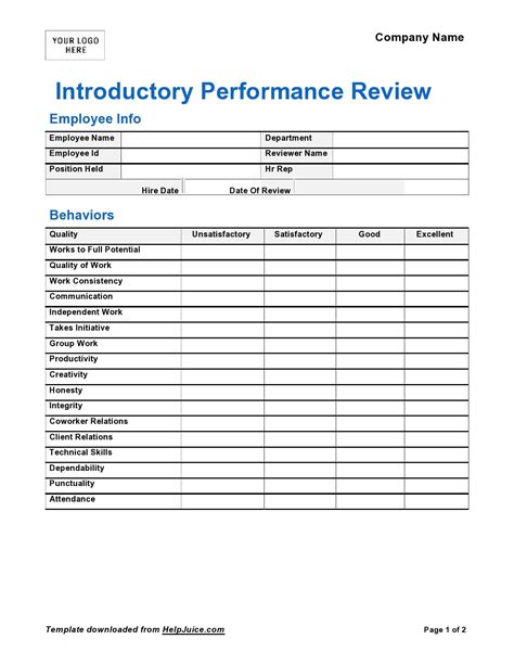 30 60 90 Day Employee Performance Review Template Form Example Download