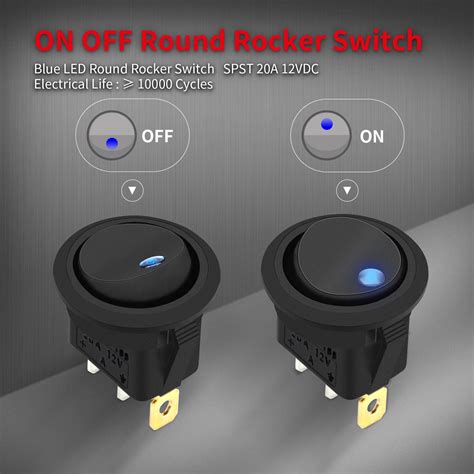 DaierTek Round Rocker Switch Shell 12V Lighted 3 Pin With Blue LED 12