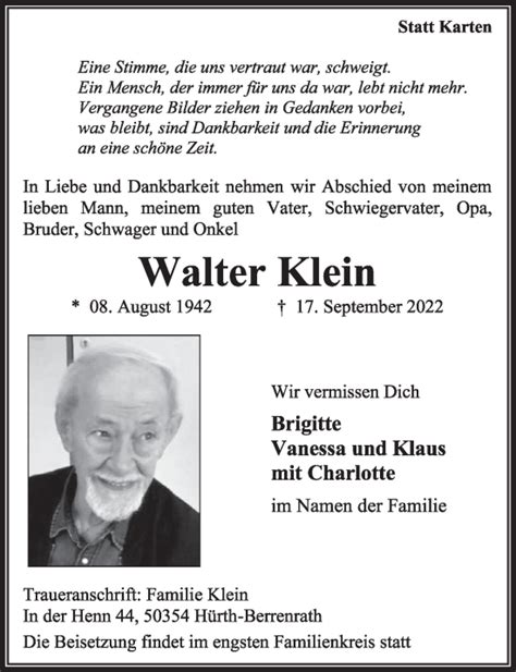 Traueranzeigen Von Walter Klein WirTrauern