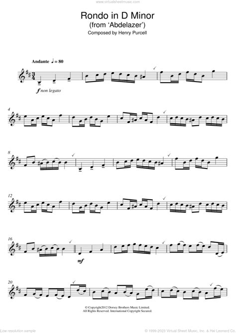 Rondeau In D Minor From Abdelazer Sheet Music For Alto Saxophone Solo