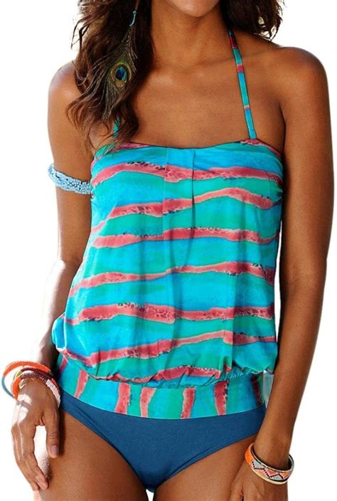 Ularma Damen Tankinis Blau Streifen Neckholder Bandeau Badeanzug Polyester Two Piece Swimming