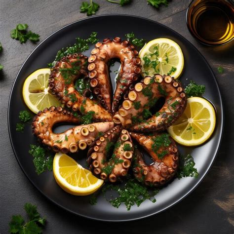 Premium Photo A Plate Of Octopus Rings With Lemon Slices And Parsley