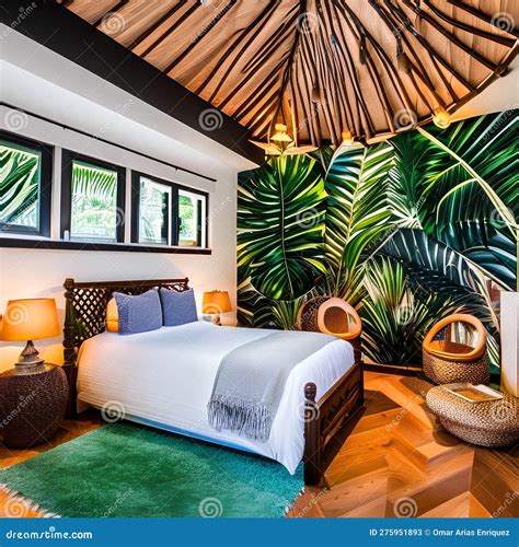 10 a Tropical-themed Bedroom with Palm Leaf Wallpaper, Rattan Furniture ...