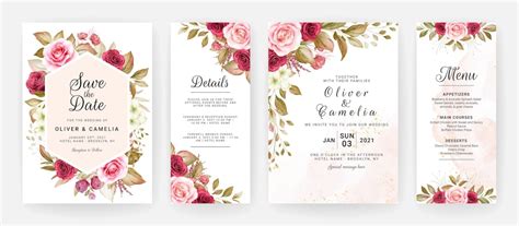 Premium Vector Floral Wedding Invitation Template Set With Burgundy