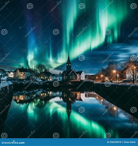 Surreal Merging of Natural Beauty and Urban Vibrancy in Reykjavik Stock