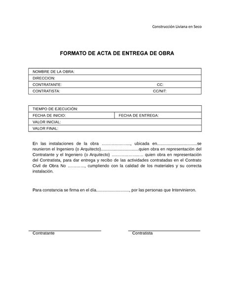 Formato De Acta De Entrega De Obra Construcci N Liviana En Seco