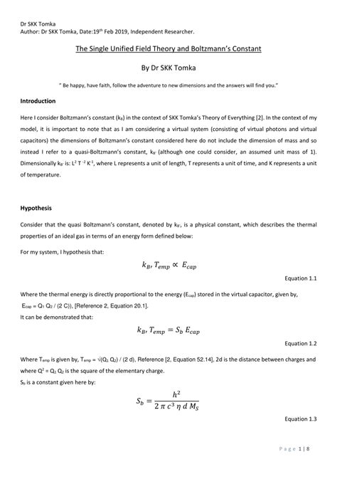 Pdf Boltzmann S Constant And The Single Unified Field Theory