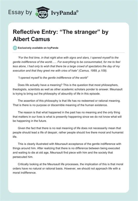 Reflective Entry The Stranger By Albert Camus Words Essay