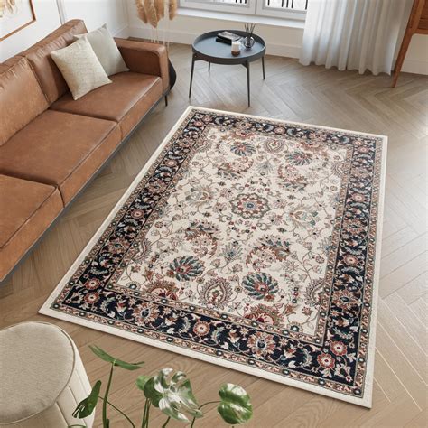 TAPISO Dubai Tapis Salon Poil Court Traditionnel Crème Noir Bleu Beige