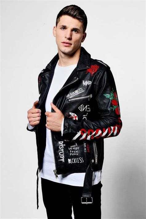 Black Faux Leather Graffiti Print Moto Jacket Leather Jacket Leather