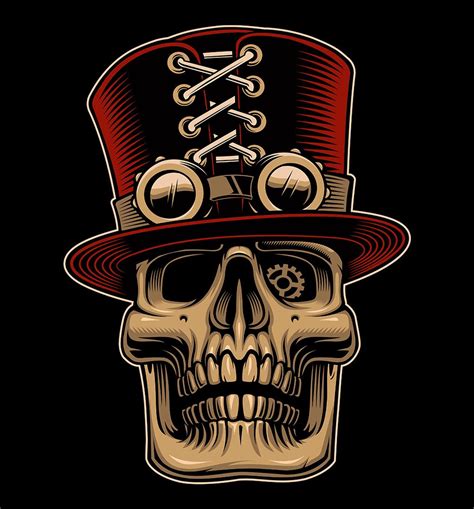 Vector Illustration Of Skull In Hat And Eyeglasses In Steampunk Style On The Dark Background