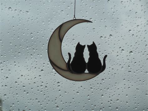 Two Black Cats On The Moon Stained Glass Window Hanging Etsy