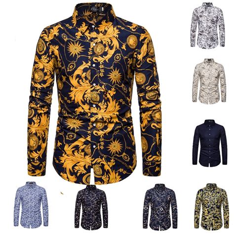 Mens Long Sleeve Hawaiian Shirt Summer Casual Floral Shirts For Men