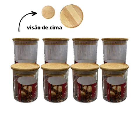 kit pote de vidro hermetico tampa de bambu empilhável 4 potes de