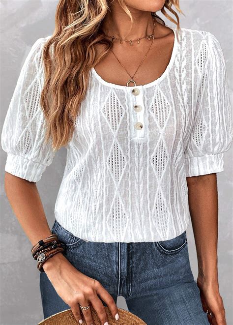 White Button Short Sleeve Round Neck Blouse Modlily USD 28 98