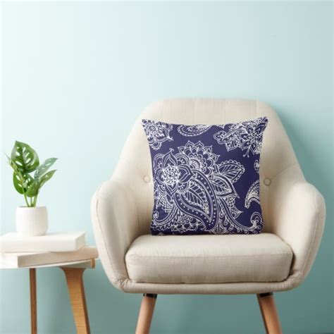 Navy Blue Illustrated Bohemian Paisley Henna Throw Pillow Zazzle