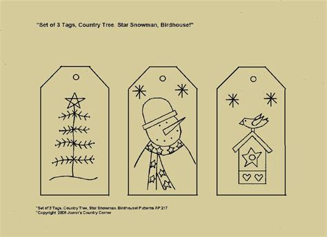 Primitive Stitchery E Pattern Set Of 3 Tags Twig Tree Prim Snowman