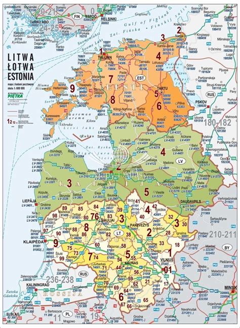 Litwa Otwa Estonia Mapa Cienna Z Kodami Pocztowymi