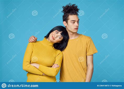 Kinky Guy And Girl Together Friendship Fun Blue Background Stock Image Image Of Couple