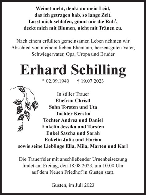 Traueranzeigen Von Erhard Schilling Abschied Nehmen De