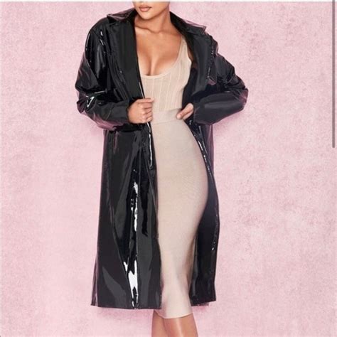 Nwt House Of Cb Manir Faux Patent Leather Belted Trench Coat In Brack