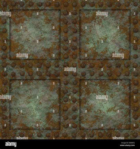 Rusty Riveted Four Square Metal Panel Seamless Texture Detailed Grungy