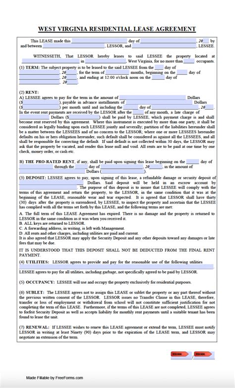 Free West Virginia Standard Residential Lease Agreement Template PDF