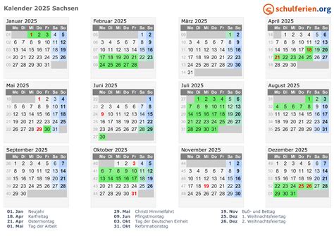 Kalender 2025 + Ferien Sachsen, Feiertage