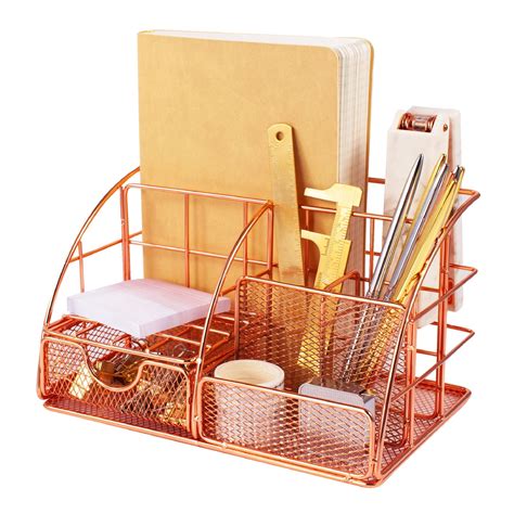 Zodaca Rose Gold Desk Organizer With Drawer Pen Holder Metal Mesh