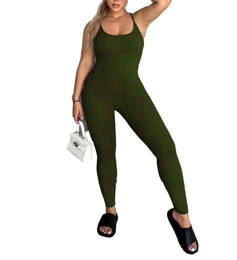 Solid Spaghetti Strap Sleeveless Army Green Women Unitards Womens